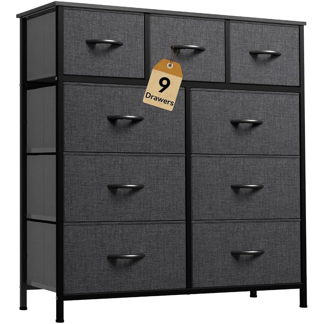 DWVO 9 Drawers Dresser for Bedroom, Fabric Storage Tower for Living Room, Entryway - Sturdy Steel Frame, Wooden Top & Easy Pull Fabric Bins (Black Grey Print)