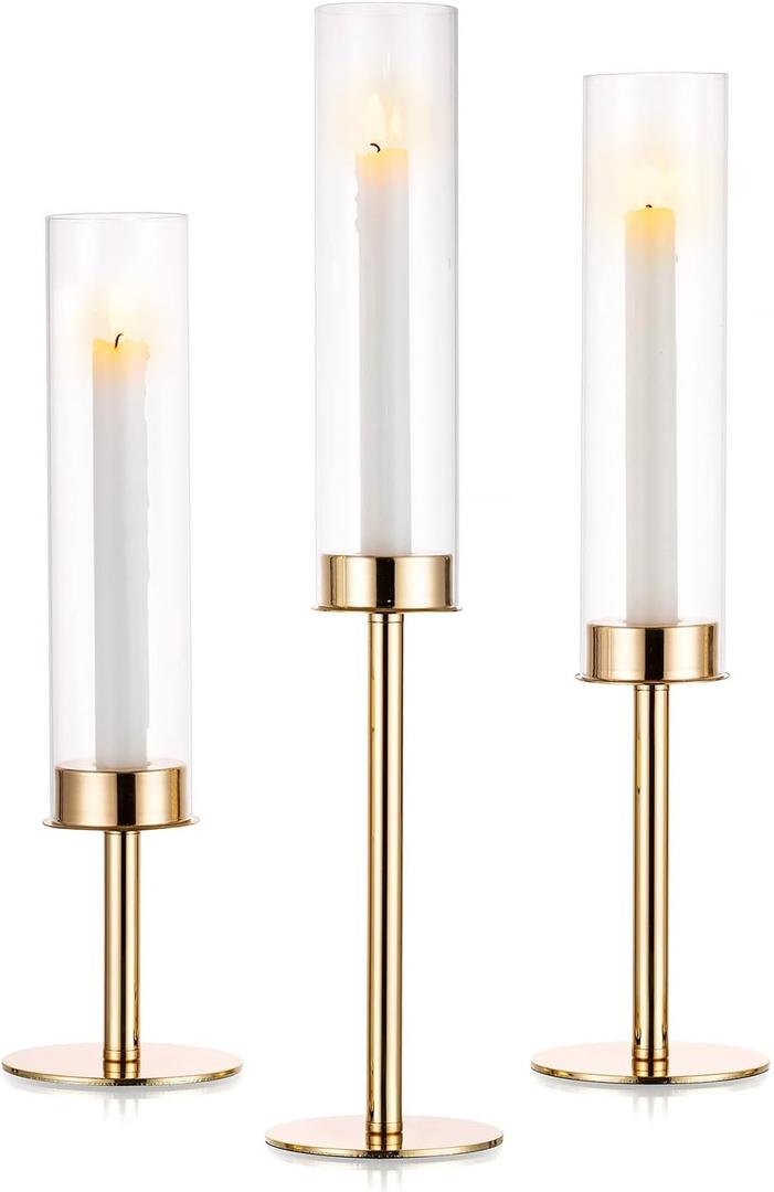 Nuptio Gold Candlestick Holder Tall Hurricane Candle Holder Set of 3 Taper Candle Holders Candle Stand Glass Cover Candlesticks Holders Table Centerpiece for Wedding Party Birthday Christmas Decor