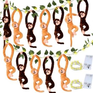 12 Pcs 20 Inch Hanging Monkey Stuffed Animal Stuffed Monkey Plush with 2 Hanging Artificial Ivy Vines 2 Pcs 20 LED Fairy Light Battery Operated String Light for Gifts(Brown, Khaki)