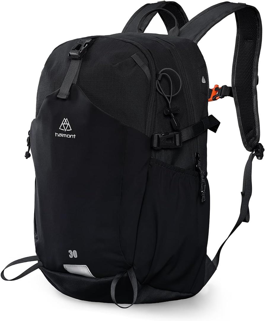 Haimont 30L Lightweight Hiking Daypack with Rain Cover, Black | Hydration Sleeve, Trekking Pole Holder, Front Stash Pocket, Breathable Back Panel, Whistle Buckle