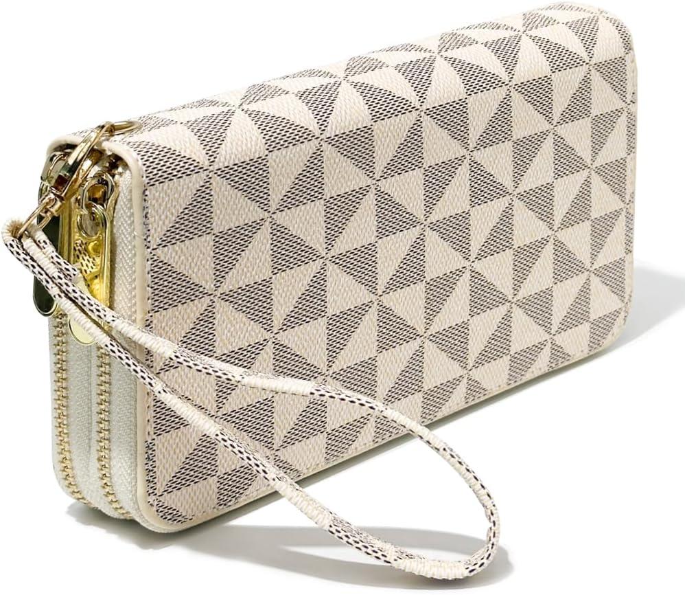 Veki Women's Wallet Double Zipper Pocket Wallets with Wrist Strap, Leather Credit Card Purse for Women Men (White)