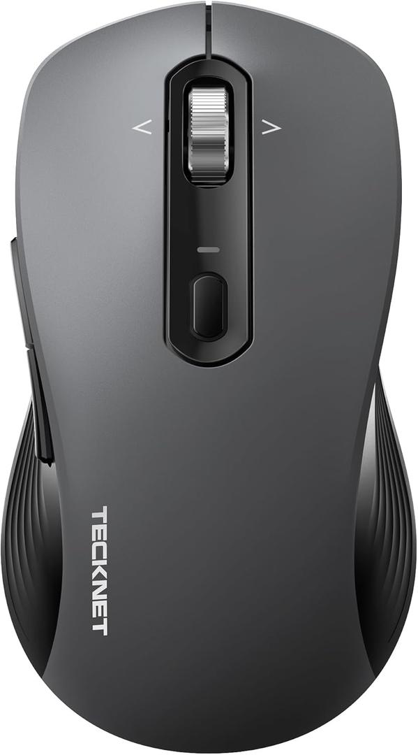 TECKNET Wireless Bluetooth Mouse, [USB + BT1 + BT2] Silent Click,4-Way Scroll Wheel Wireless Mouse for Laptop, Full-Size, 4800 DPI Computer Mice, Dual Mode for Laptop, PC, iPad, MacBook - Grey
