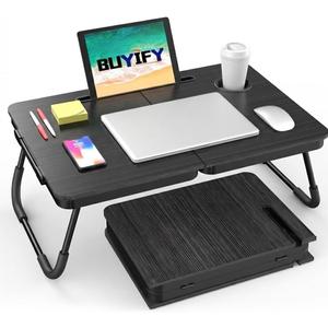 BUYIFY Portable Foldable Laptop Desk for Bed and Couch, Adjustable Lap Desk with Cup Holder and Phone Holder, Ideal for Working, Reading, Writing, and Breakfast (Black)-USA Original Patent