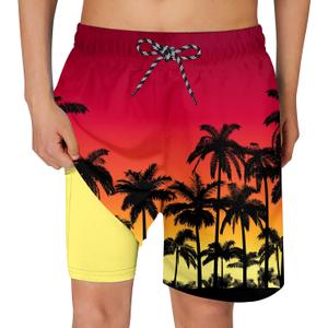 Cozople Boys Swim Trunks Compression Liner Swim Shorts Quick Dry Bathing Suit with Boxer Brief Swimwear 2-20T (5-6 Years, Aa Palm Tree Red)
