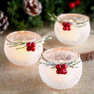 Funnymoom 6 Pcs Christmas Votive Candle Holders with Snowy and Red Berry Pine Leaves Xmas Glass Tealight Candle Holders for Table Centerpiece Fireplace Home Ornaments Wedding Party Indoor Decorations