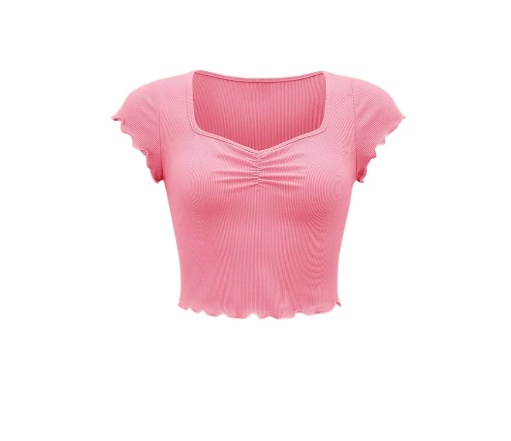 Kids Tops for Girls Shirts Ruched Sweetheart Neck Lettuce Trim Tee Shirts (Color:Pink, Size:L 10-12)