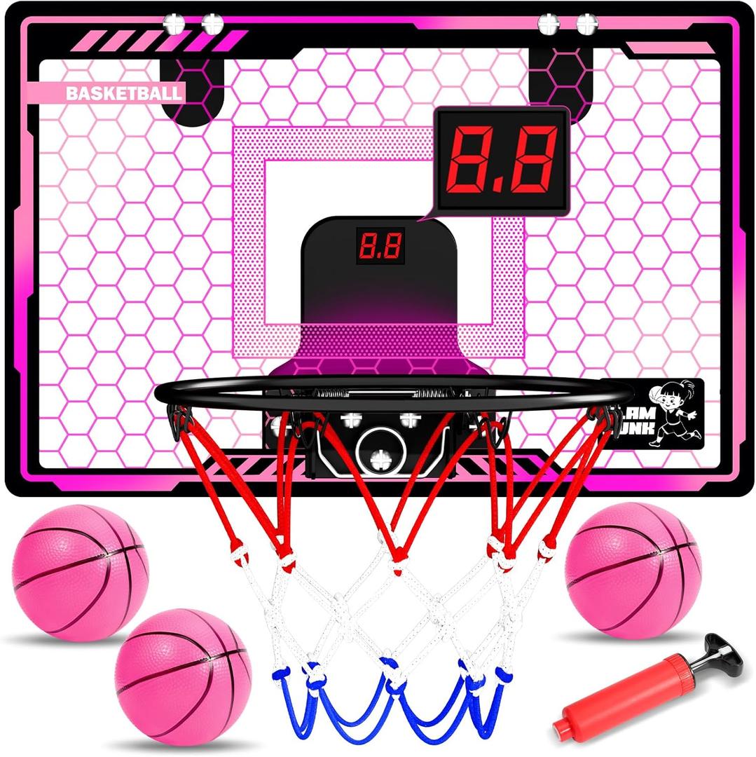 Indoor Basketball Hoop for Kids Girls: LED Light Over The Door Mini Basketball Hoop with Electronic Scoreboard Girl Toys Age 5 6 7 8 9 10 11 12 Year Old Girl Birthday Gifts Pink