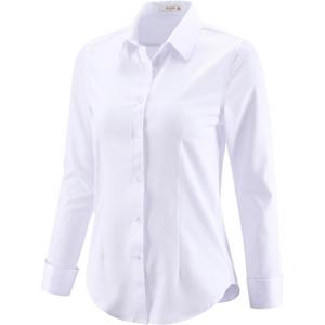 Button Down Shirts for Women Dress Shirts Long Sleeve Stretch Wrinkle Free Work Solid Casual Office Blouses Top (Large, White)