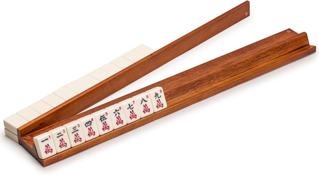 Yellow Mountain Imports Classic Chestnut Color Wooden Mahjong Game Racks with Pushers, 18 Inches - Set of 4 (Includes Magnetically Attached Mahjong Pushers) (Brown)
