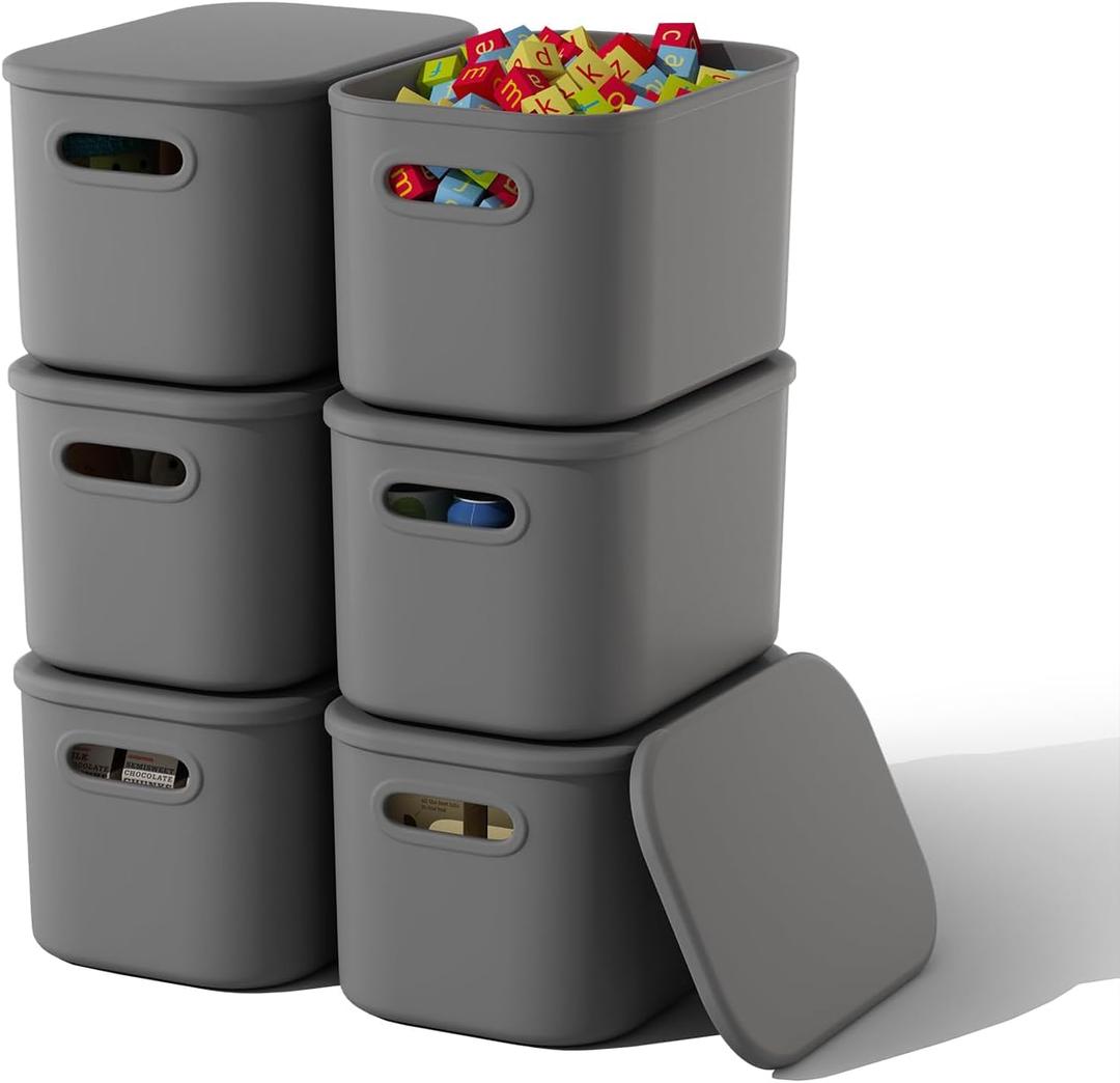 6 Pack Grey Storage Bins with Lids Stackable Storage Container for Organizing, Storage Boxes with Handle for Shelves, Cute Organizer Bins for Craft, Snacks, 9.85x6.9x5.7 inch