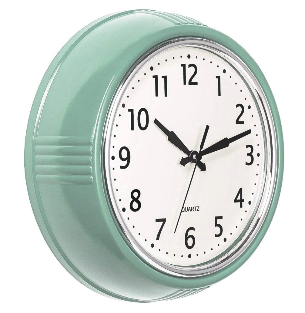 Bernhard Products Retro Wall Clock 12 Inch Seafoam Green Kitchen 50's Vintage Design Round Silent Non Ticking Battery Operated Quality Quartz Clocks for Home Office School Kids Bedroom Living Room