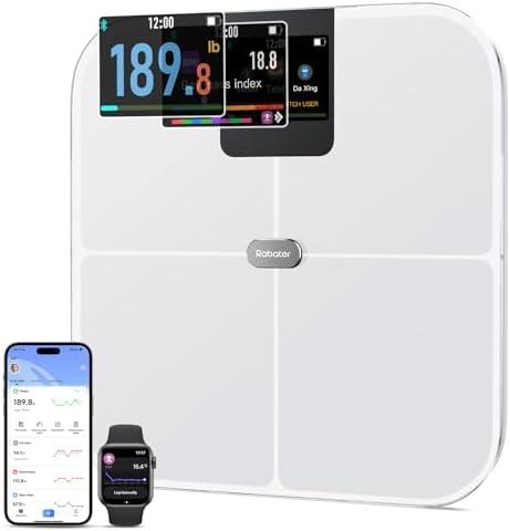 Rabater Smart Scale with Large Color Display, Digital Bathroom Scale for Body Weight BMI Muscle Mass, 25 Composition, Body Fat Scale with Heart Rate, 11.8" Large Platform, 400 lbs (White)