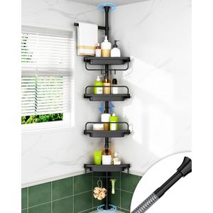 ALLZONE Rustproof Shower Caddy Corner for Bathroom,Bathtub Storage Organizer for Shampoo Accessories,4-Tier Adjustable Shelves with Tension Pole, 39 to 113 Inch, Black