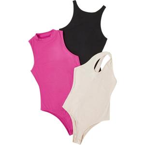 WDIRARA Women's 3 Pack Outfit Set Solid Color Sleeveless Casual Bodysuit Shirt (XL)