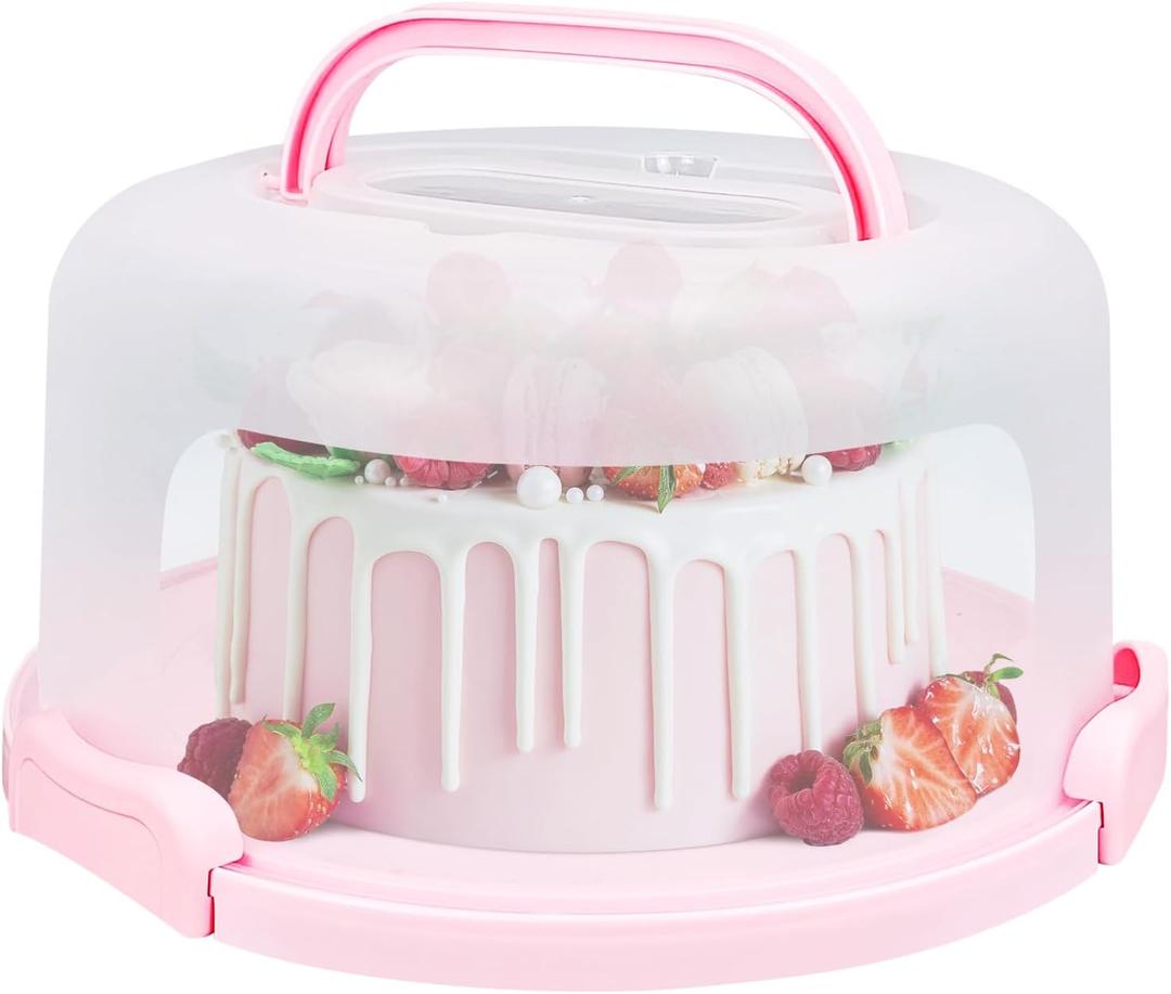 Cake Carrier with Lid and Handle, Fit 10 Cake Stand with Lid, Cake Transport Storage Container, Cake Containers Cover Stand with Lids, 3 Secure Side Closures (Pink)