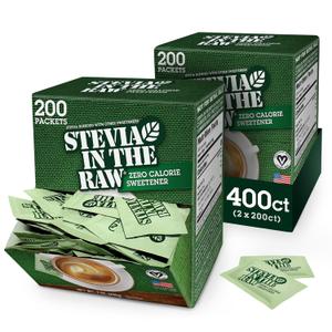 Stevia In The Raw, Plant Based Zero Calorie Sweetener, No Erythritol, Sugar Substitute for Coffee, Hot &amp; Cold Drinks, Suitable For Diabetics, Vegan, Gluten-Free, 200 Count Packets (Pack of 2), Best By May 19, 2028