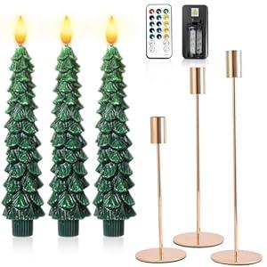 Honoson 3 Sets Flameless Christmas Tree Taper Candles with Holders Remote Control, LED Taper Candles Battery Operated Flickering Candlesticks for Holiday Window Fireplace Decor(Gold)