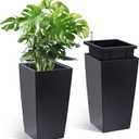 GarveeLife 16 in Tall Planters Set of 2, OutdoorIndoor Black Planter Pots, High Front Porch Planter Pots with Drainage HolesWater Level MonitorInner Bucket, Automatic Watering,Black