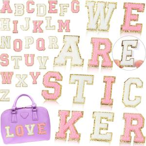 WILLBOND 52 Pcs Chenille Letter Patches A-Z, Self Adhesive Alphabet Patches for Clothes, Bags, Hats DIY, Name Craft & Personalized Best Mom Groovy Wedding Gifts(White, Pink,2.2 Inch)