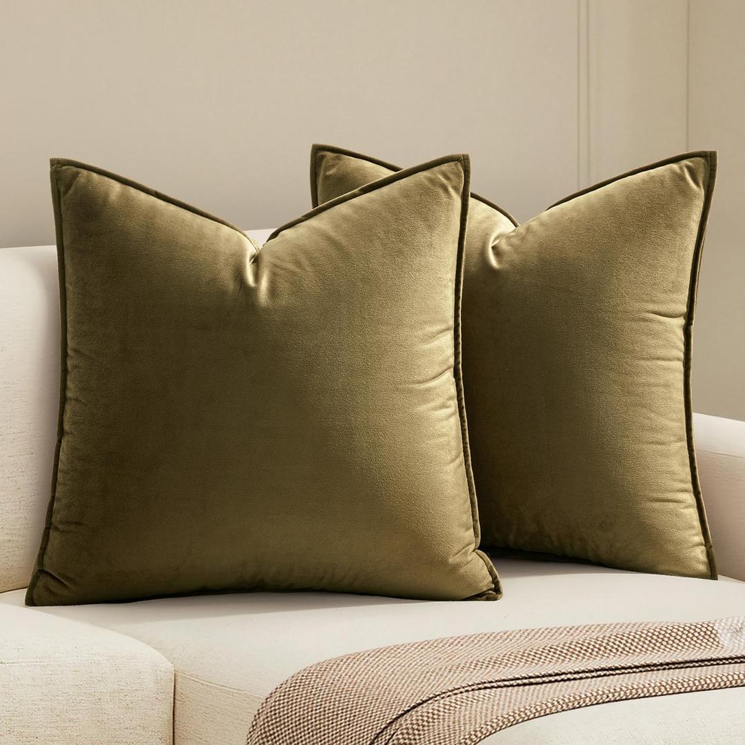 MIULEE Olive Green Velvet Throw Pillow Covers 24x24 Soft Decorative Solid Square Euro Sham Cushion Cases Pack of 2 Modern Luxury Home Decor for Couch, Sofa, Bedroom