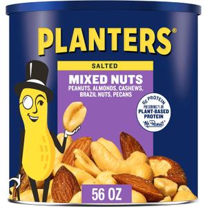 PLANTERS Salted Mixed Nuts, Peanuts, Almonds, Cashews, Brazil Nuts and Pecans, Party Snack, Plant-Based Protein, Quick Snack for Adults, After School Snack, Bulk Nuts, Kosher, 56oz Canister (EXP 09/25/26)