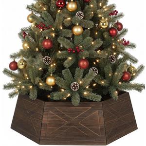 Wooden Tree Collar Box 30in, Christmas Tree Collar Vintage Farmhouse Hexagon 6 Panels, Brown Tree Collar Box Solid Wood Disassemble with X-Pattern for Christmas Tree Decoration Fit Below 30" Stands