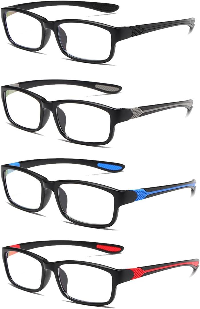 Reading Glasses Men 4 Pairs Ultra Light TR90 Sports Style Blue Light Blocking Readers+1.0 (Black&grey&red&blue)