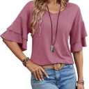 Womens Blouses Ruffle Sleeve T Shirts V Neck Double Tiered Bell Sleeve Top Spring Fall Summer Fashion Clothes Cute Tunic (Medium, Rose)