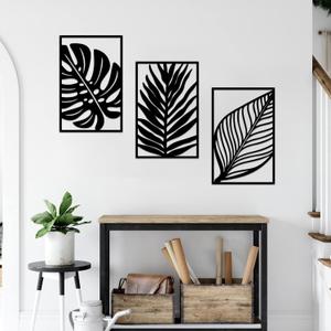 Resama 3 Pcs Boho Metal Wall Art Decor Leaf Sign Wall Vintage Tropical Plant Wall Rustic Palm Leaf Metal Wall Sculpture for Living room Bathroom Bedroom Office (Black)
