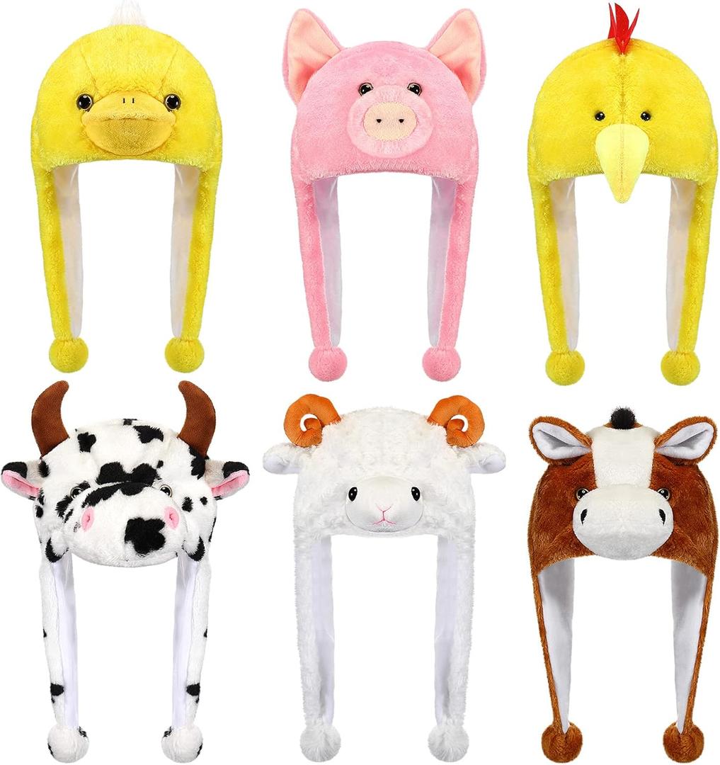 Newcotte 6 Pcs Kids Costume Hats Animal Hats Set Plush Fun Animal Headgear for Adults Teens Theme Party Christmas Halloween