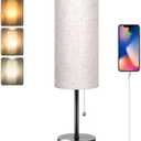 Dott Arts 18" Table Lamp for Bedroom, 3-Color Bedside Lamps with Pull Chain, Bedroom Table Lamps for Nightstand,AC Outlet Small Lamp for Living Room, Bulb Included Flax