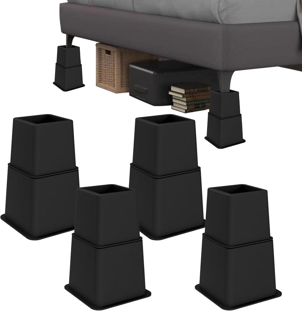 Heavy Duty Bed Risers - Set of 4 Adjustable Furniture Risers, Elevation Heights of 3, 5 & 8 Inches, Supports Up to 1,300 lbs for Bed, Couch, Table & Chair (Matte Black)