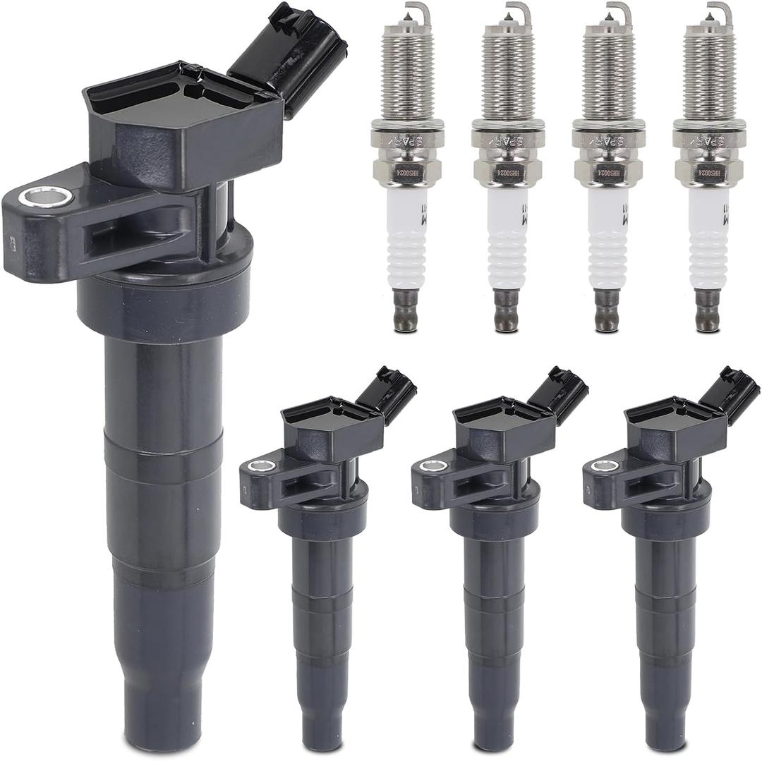 Sorghum Ignition Coil Pack and Spark Plugs Compatible with Hyundai Sonata Genesis Tucson Equus Kia Rondo Optima Borrego Forte Sorento Sportage K900 Replace# UF611 27300-3F100 C1667 GN10568 Set of 4