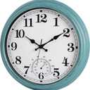 16 Inch Large Outdoor Clock Retro Waterproof Clock Non-Ticking Indoor/Outdoor Wall Clock with Thermometer, Battery Operated for Pool, Patio, Garden, Green