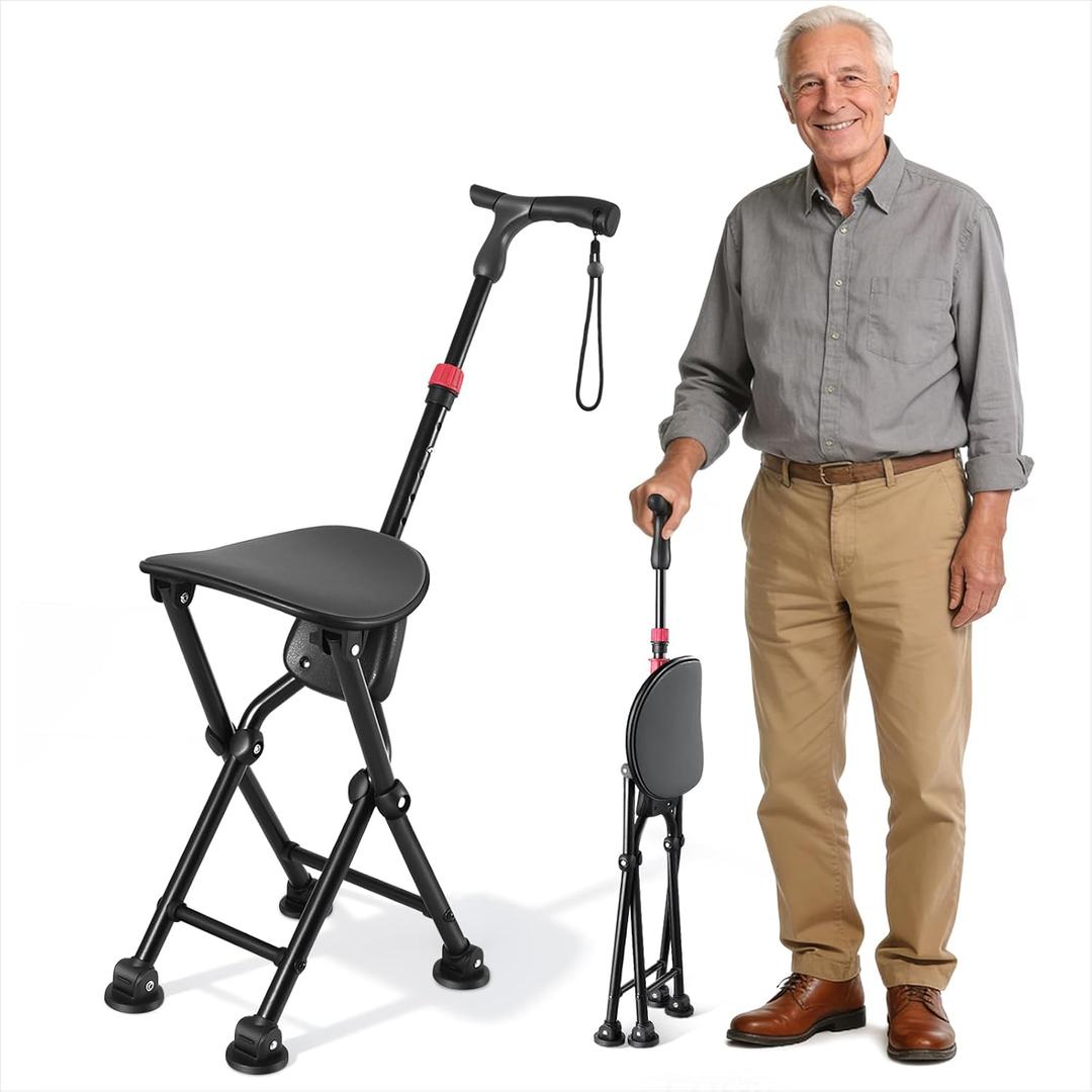 Four-Legged Cane with Seat, Unisex Cane with Seat Folding Lightweight, Adjustable Anti-Slip Cane Chair, Walking Cane with Seat Suitable for Men, Women, Adults and Seniors, SSeat height 18.23"