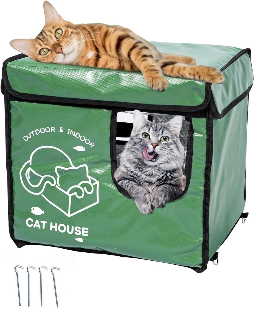 Indestructible Cat House Outdoor with Two-Sided Escape Door, Insulated and 100% Waterproof, Outside Weatherproof Feral Cat Shelter for Winter, Oxford Cloth Upgraded (Green, S)