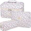 Makeup Bag Set, Quilted Makeup Bag, Large Floral Cosmetic Bag for Women, Cute Cotton Makeup Bags, Flower Travel Toiletry Organizer Bag (Purple Flower)