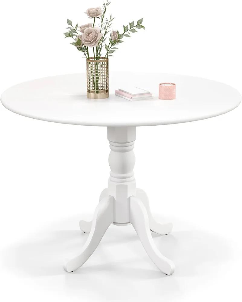 Round Dining Table for 4, Rustic Kitchen Table w/ 40" Tabletop, Curved Trestle Legs, Rubber Wood Tulip Table, 4-Person Dinner Table for Kitchen, Living Room, Dining Room (All White)