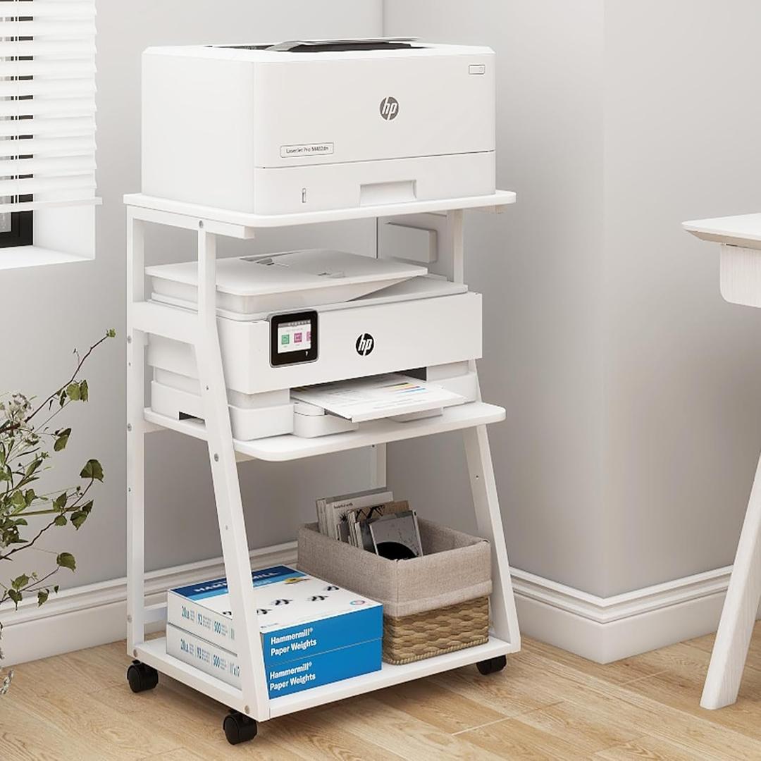 Natwind 19.7"x15.7" Printer Stand,3 Tier Printer Table with Charging Station, Rolling Cart with Adjustable Storage Shelf for Home Office Organization, Stand for Heat Press,3D Printer (White)