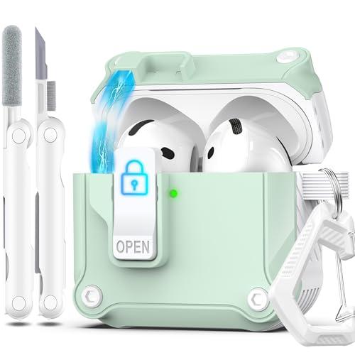 R-fun Compatible with AirPods 4th Gen Case, Full Drop Protection Auto Pop-Up Lid and Lock Design with Cleaner Kit and Keychain for AirPods 4 2024-White/Mint Green