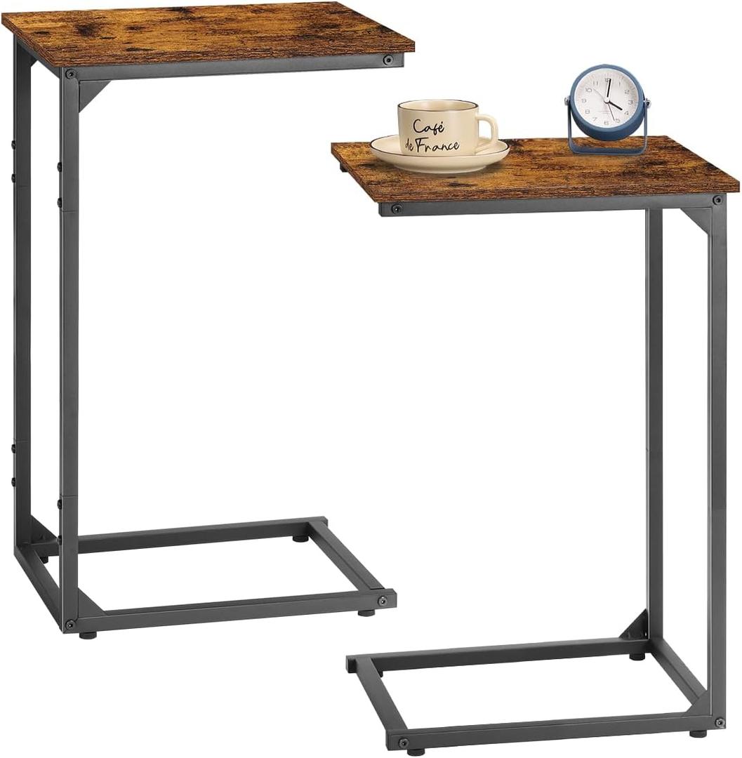 melos C Shaped End Table Set of 2, Tall Side Table for Couch, Sofa Table with Metal Frame for Living Room, Couch Tables That Slide Under for Bedroom, Bedside Rustic Brown