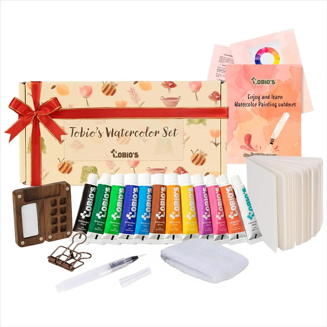 Original Tobios Mini Wooden Watercolor Paint Set  Compact Travel Art Kit with 12 Colors, Refillable Brush & Sketchbook  Unique Creative Gift for Birthdays, Holidays & Art Lovers
