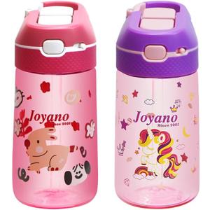 Tritan Kids Water Bottle Straw Top, Leak-Proof with Spout Cover and Carrying Loop 450 ML/15.2 oz Pack of 2 (RED/PINK)