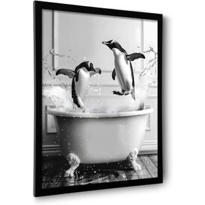 OIQArtOIQ Funny Bathroom Framed Wall Art Black and White Animal Canvas Wall Art Prints Penguin in Bathtub Pictures Wall Decor Modern Minimalist Humorous Artwork For Restroom