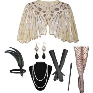 1920s Flapper Accessories Set, Roaring 20s Accessories Women Feather Headpiece Necklace Earrings Long Gloves (Apricot)