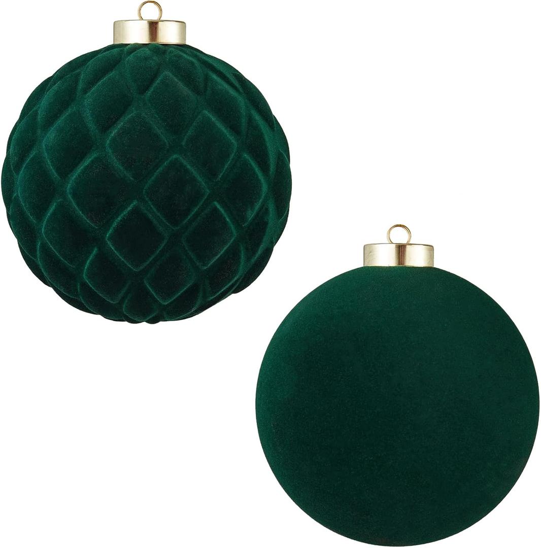 Large Velvet Christmas Ball Ornaments - 6 Inch Flocked Christmas Balls Shatterproof Decorative Hanging Ornaments Set for Xmas Tree Holiday Wedding Party Decor (Dark Green, 2pcs)