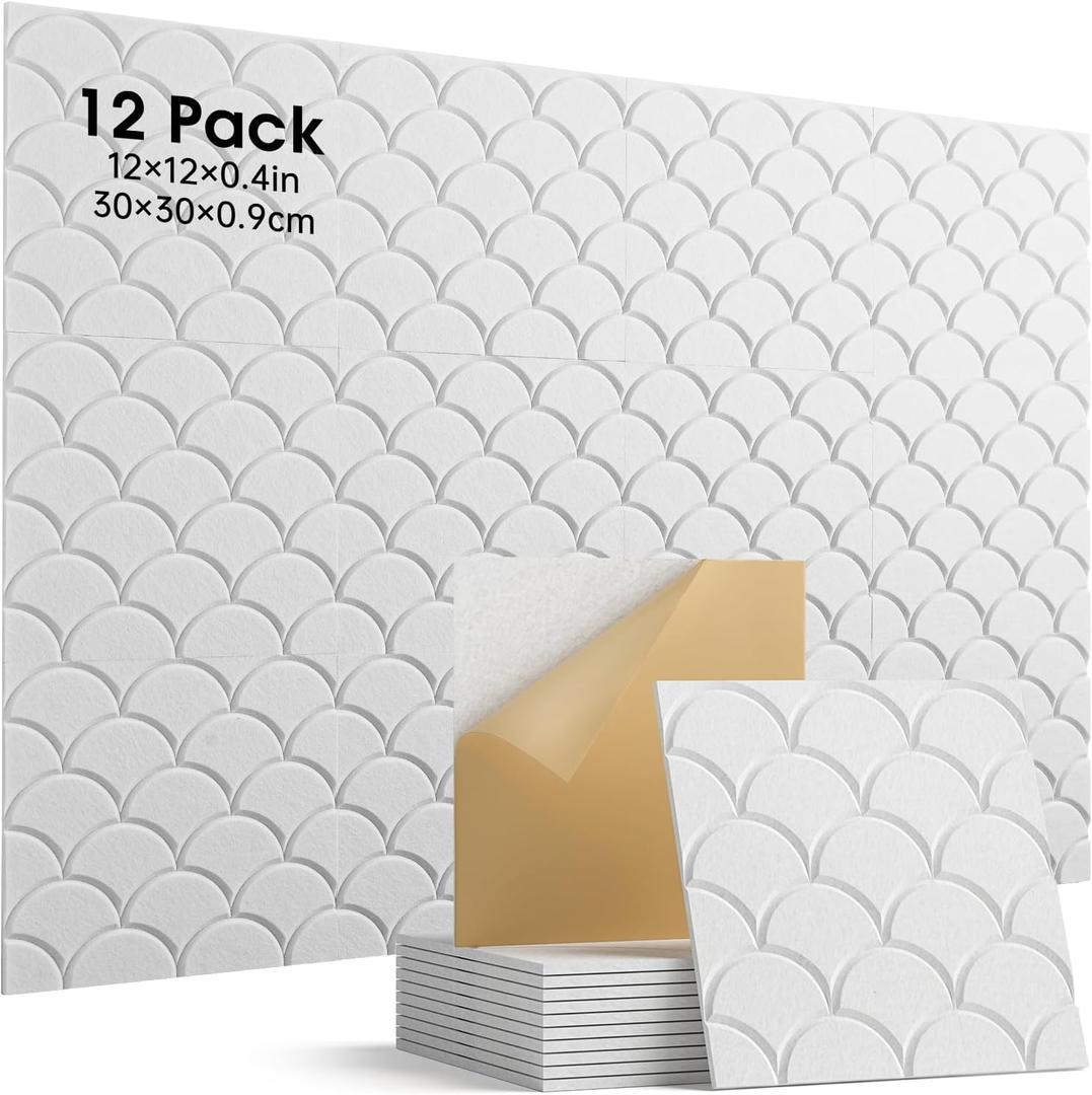 Acoustic Panels Self-Adhesive, 12 Pack Sound Proof Foam Panels for Walls, 12" X 12" X 0.4" High Density Soundproof Wall Panels for Door, Ceiling, Home Office White