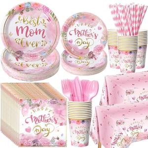 LemonRoad 452 Pcs Mother's Day Decoration for 50 Guests, Pink Gold Floral Happy Mother's Day Paper Plates Napkins Cups Tablecloth Cutlery Straws Disposable Tableware for Best Mom Ever Party Supplies