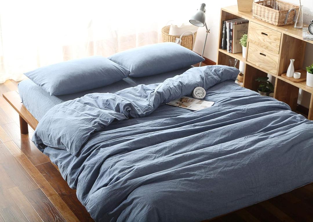 F.Y.Dreams 100% Washed Cotton Duvet Cover for Weighted Blanket 48x72 inches with 8 Ties,Zipper on Long Side/Demin Blue/Just Duvet Cover