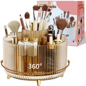 fanado 360 Rotate Makeup Brush Holder Organizer, Makeup Organizers Countertop, Makeup organization and Skincare Storage for Vanity, Desktop, Bathroom (Clear Amber)